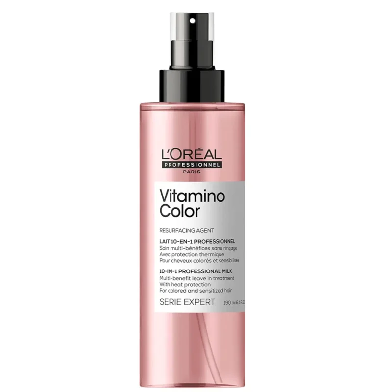 اسپری لورال پروفشنال ویتامینو کالر رسوراترول ۱۰در ۱اصل ۱۹۰میل L'ORÉAL PROFESSIONAL  VITAMINO COLOR  RESURFACING AGENT LAIT 10_IN_1 PROFESSIONAL RESVERA   S IN MULTI _BENEFICES SANS RINCAGE AVEC PROTECTION  THERMIQUE POUR  CHEVEUX  COLORES  ET  SENSIBILISES