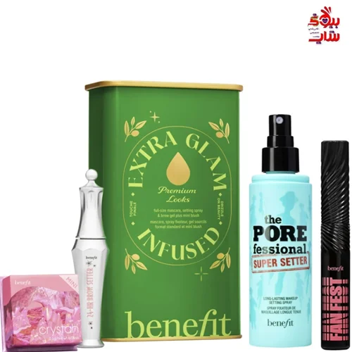 گیفت ست آرایشی بنفیت مدل EXTRA GLAM INFUSED اصل اروپایی BENEFIT benefit Extra Glam Infused Makeup Gift Set ⁃ Mascara, 24 Hour Brow Setter, Blusher and Setting Spray A four-piece makeup set for creating effortless festive glam