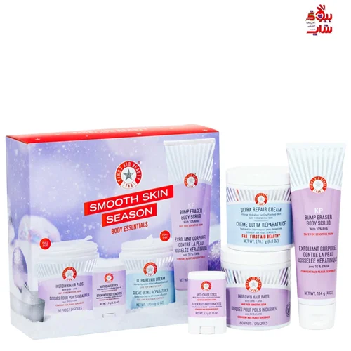 گیفت ست مراقبت از بدن فرست آید بیوتی اصل اروپایی First Aid Beauty Smooth Skin Season S Body Essentials Holiday Gift SetA four-piece kit of body essentials that features problem-solving formulas that target dry skin, body bumps, ingrown hairs, and chafing